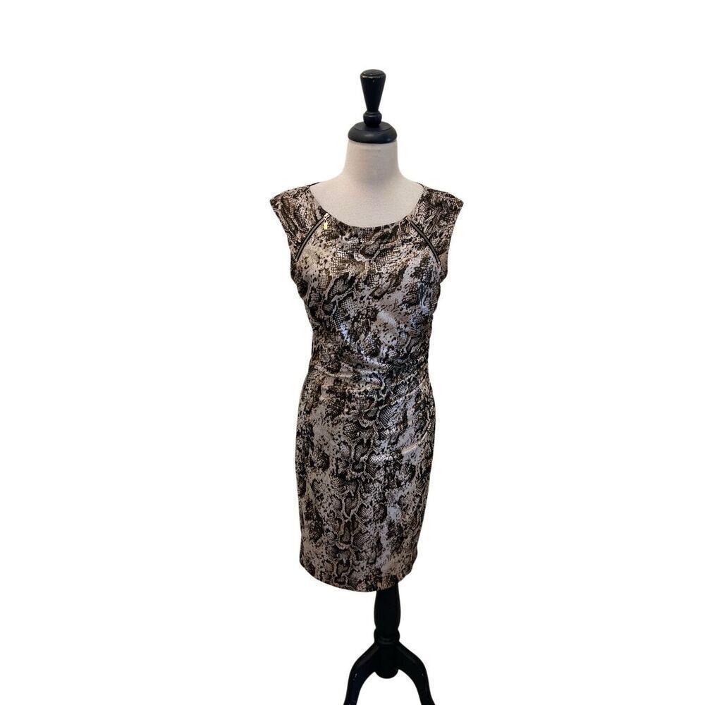 Cache Women's Snakeskin Sleeveless Metallic Sheath Dress Tan Black Size Medium